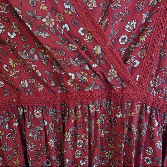 Max Studio Floral Brick Red Rust Vneck Ruffle Peasant Midi Dress - Picture 3 of 4